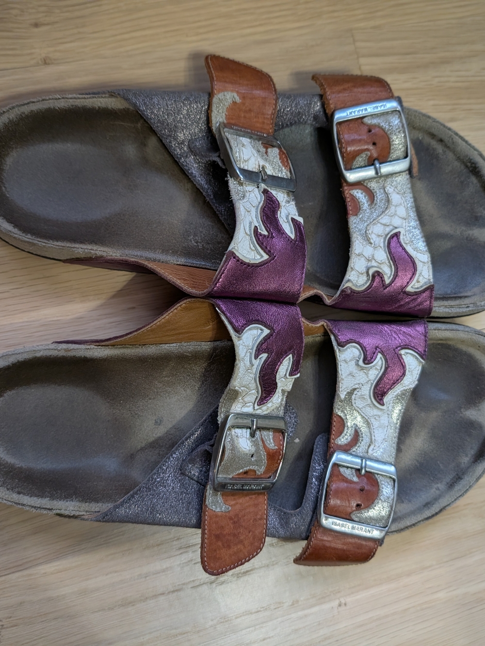 Isabel Marant Metallic Purple, Brown & Cream Double-Buckle Slide Sandals Size 38 - Picture 4 of 15